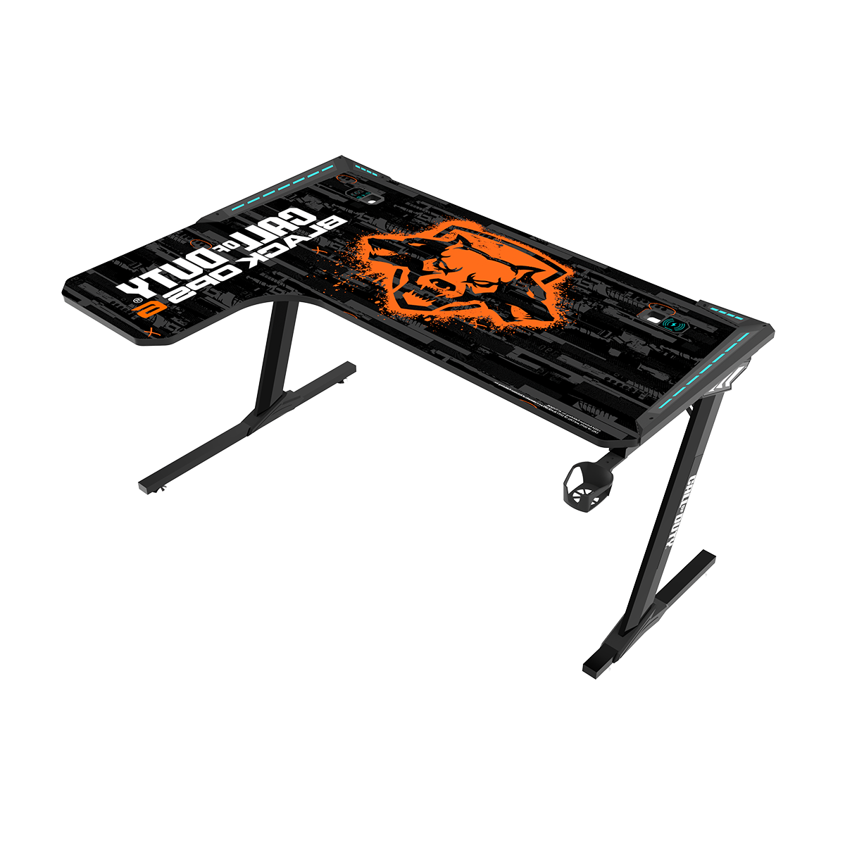 Call Of Duty BLKOPS6-RAPTOR-L RGB Flowing Light Gaming Desk With Full Table Mouse pad, Wireless Charger, USB Splitter, Headphone Hook, Cup Holder.