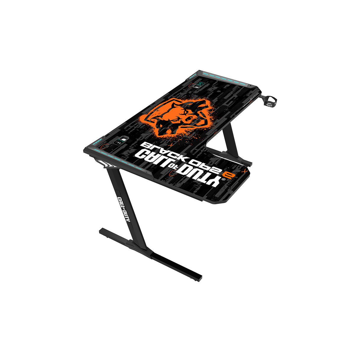 Call Of Duty BLKOPS6-RAPTOR-L RGB Flowing Light Gaming Desk With Full Table Mouse pad, Wireless Charger, USB Splitter, Headphone Hook, Cup Holder.