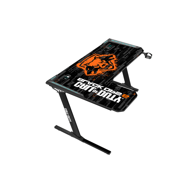 Call Of Duty BLKOPS6-RAPTOR-L RGB Flowing Light Gaming Desk With Full Table Mouse pad, Wireless Charger, USB Splitter, Headphone Hook, Cup Holder.