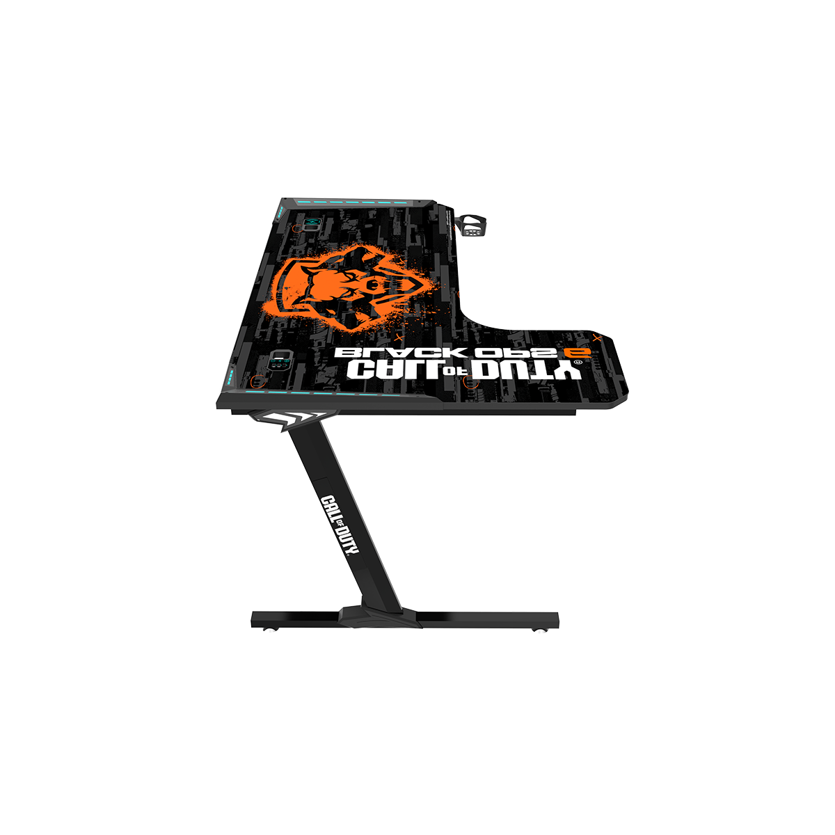 Call Of Duty BLKOPS6-RAPTOR-L RGB Flowing Light Gaming Desk With Full Table Mouse pad, Wireless Charger, USB Splitter, Headphone Hook, Cup Holder.