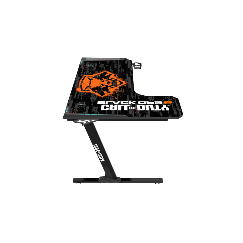 Call Of Duty BLKOPS6-RAPTOR-L RGB Flowing Light Gaming Desk With Full Table Mouse pad, Wireless Charger, USB Splitter, Headphone Hook, Cup Holder.