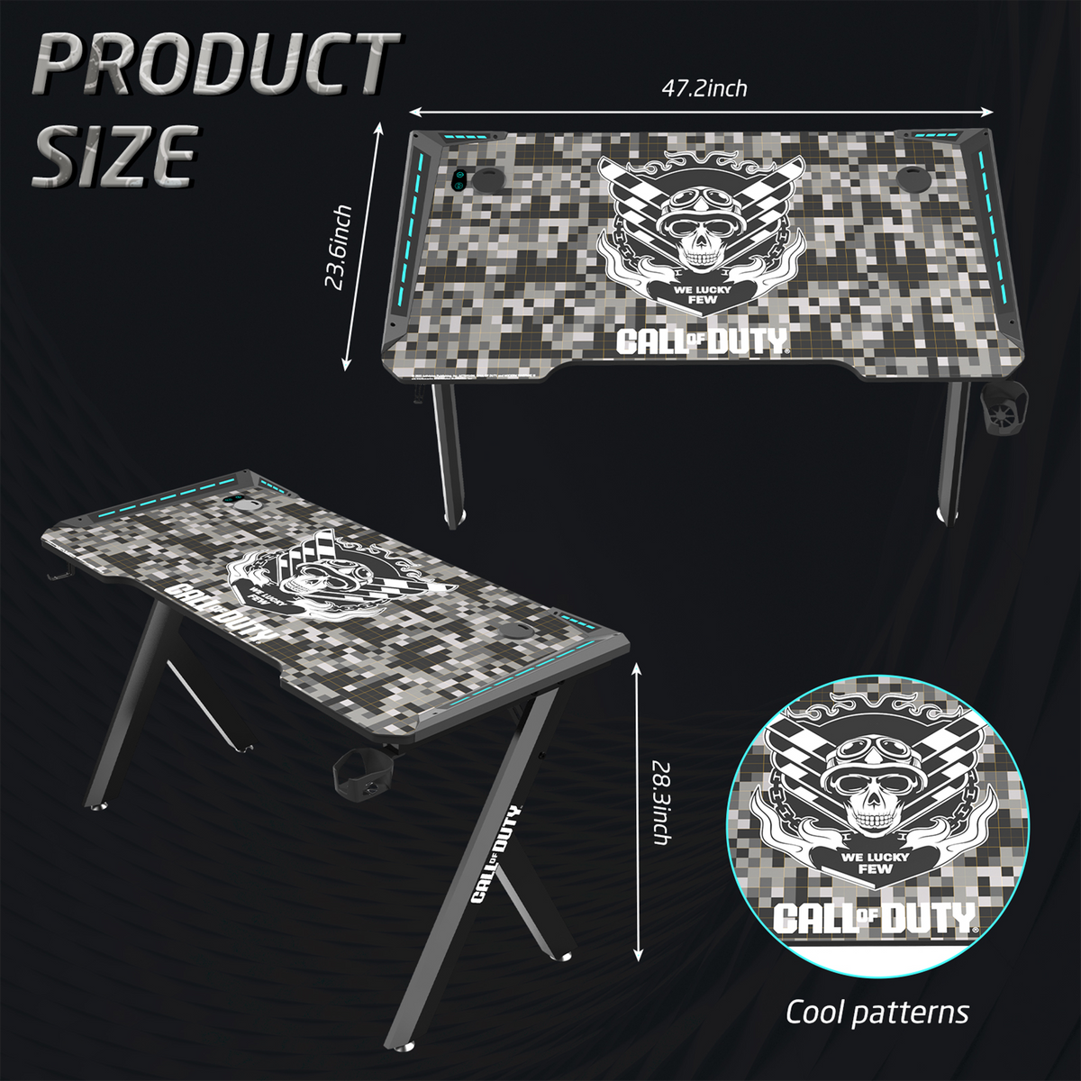 Call Of Duty (COD) Hawksbill Series RGB Flowing Light Gaming Desk With Mouse pad, Headphone Hook & Cup Holder - Black/Grey