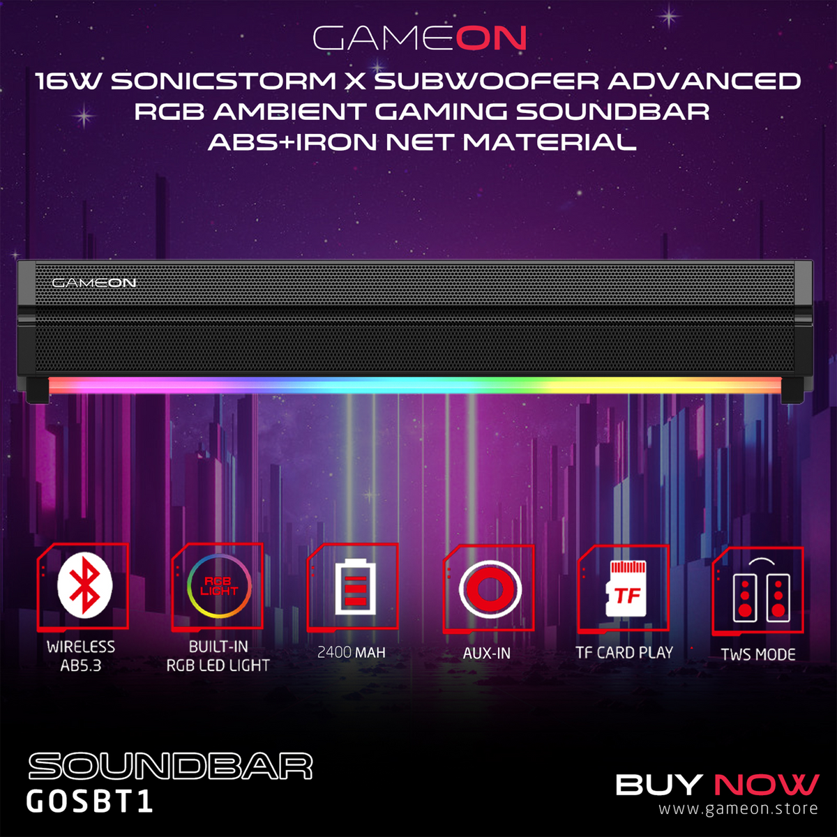 GAMEON Sonicstorm X Wireless RGB Gaming Soundbar - Black –