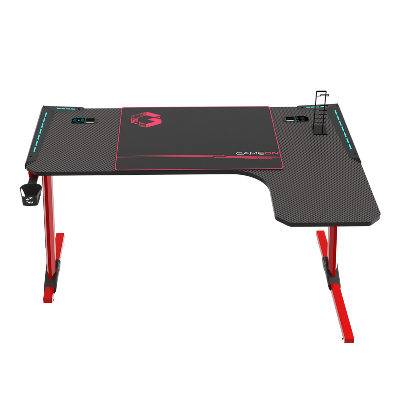 GAMEON Phantom XL-R Series L-Shaped RGB Flowing Light Gaming Desk (Size: 1400-600-720mm) With (800*300*3mm - Mouse pad), Headphone Hook, Cup Holder, Cable Management, Gamepad Holder, Qi Wireless Charger & USB Hub - Black
