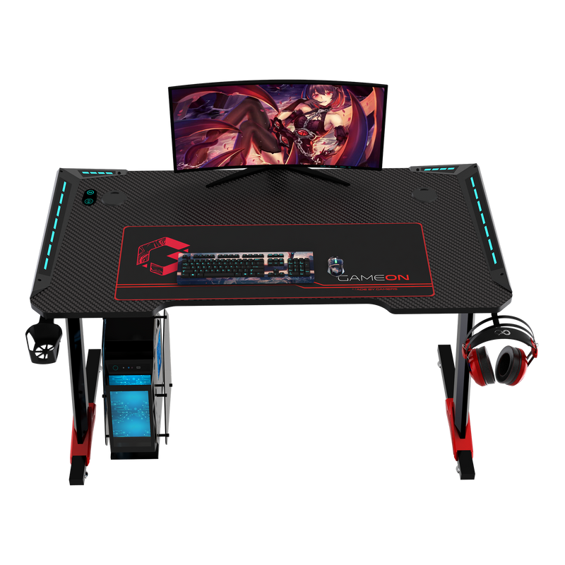 GAMEON Raptor II Series Z-Shaped RGB Flowing Light Gaming Desk (Size: 1400-600-720mm) With (800*300*3mm - Mouse pad), Headphone Hook & Cup Holder - Black
