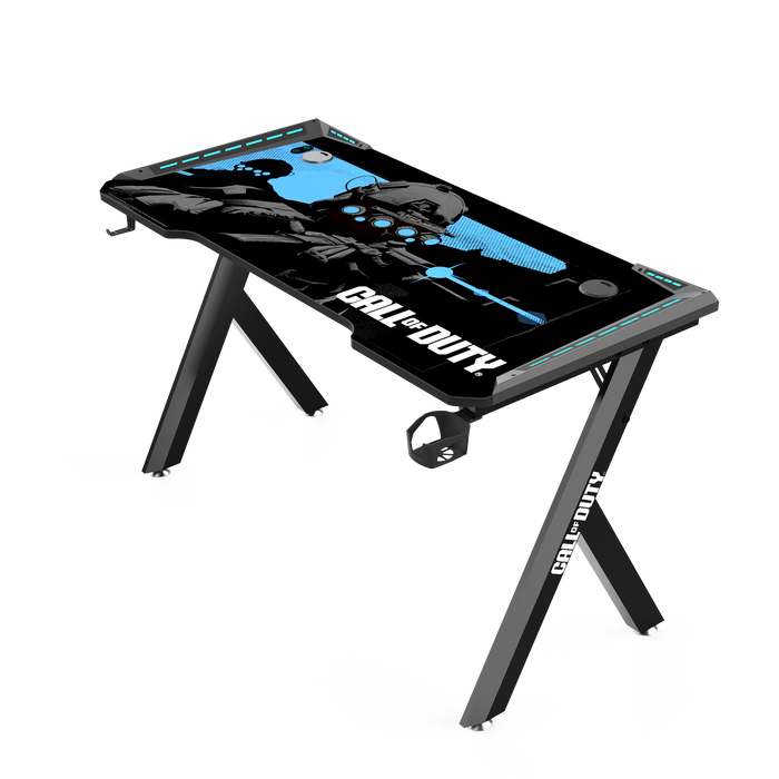 Call Of Duty (COD) Hawksbill Series RGB Flowing Light Gaming Desk With Mouse pad, Headphone Hook & Cup Holder - Black/Blue