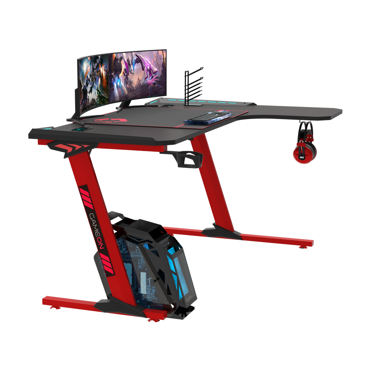 GAMEON Phantom XL-R Series L-Shaped RGB Flowing Light Gaming Desk (Size: 1400-600-720mm) With (800*300*3mm - Mouse pad), Headphone Hook, Cup Holder, Cable Management, Gamepad Holder, Qi Wireless Charger & USB Hub - Black