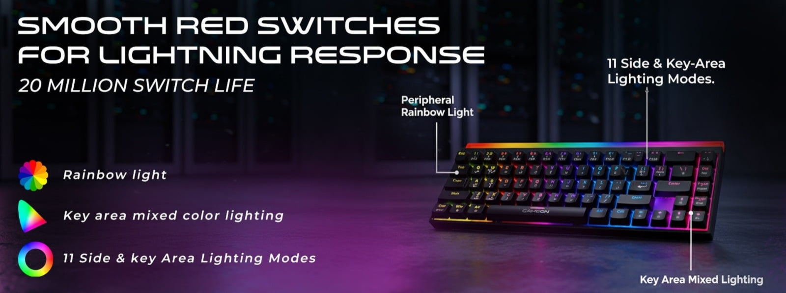GAMEON PRIMEX GO-MK260-RS keyboard with smooth red mechanical switches, 20 million keystroke lifespan, rainbow RGB lighting, and 11 side and key-area lighting modes.