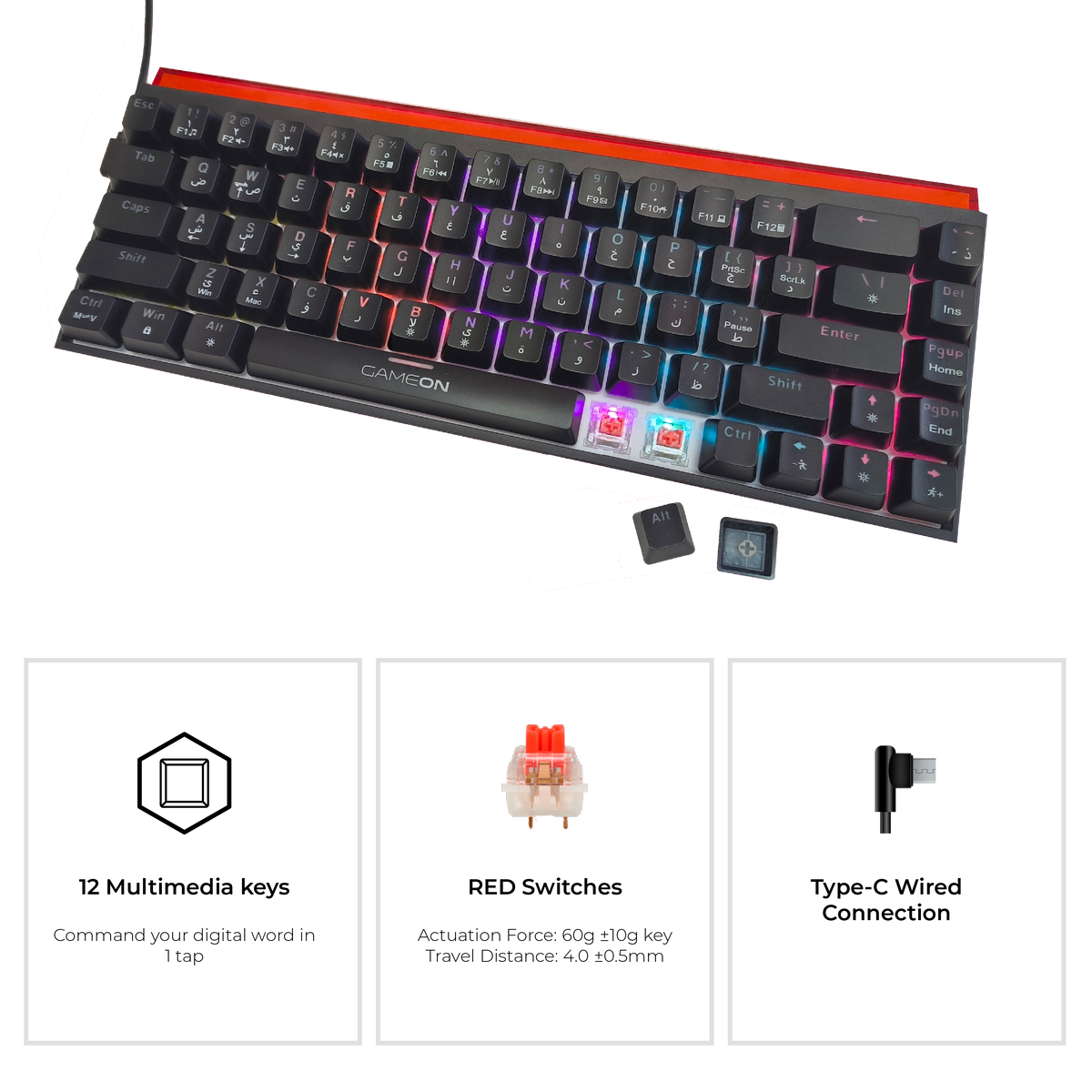 GAMEON PRIMEX Series GO-MK260-RS 60% RGB Mechanical Wired Gaming Keyboard with Customization Software, Red Switch - English/Arabic