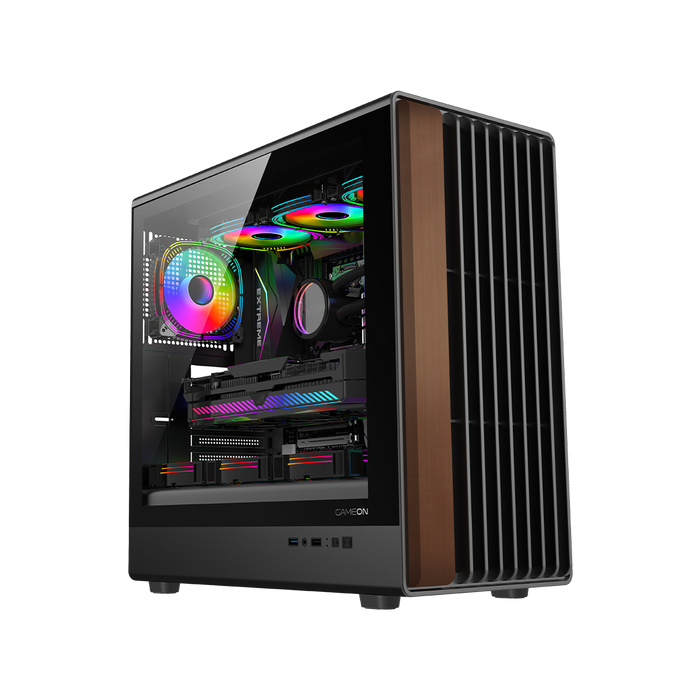 GAMEON TIMBER Midnight Series ARGB + PWM Mid Tower Gaming Case - Wood/Black