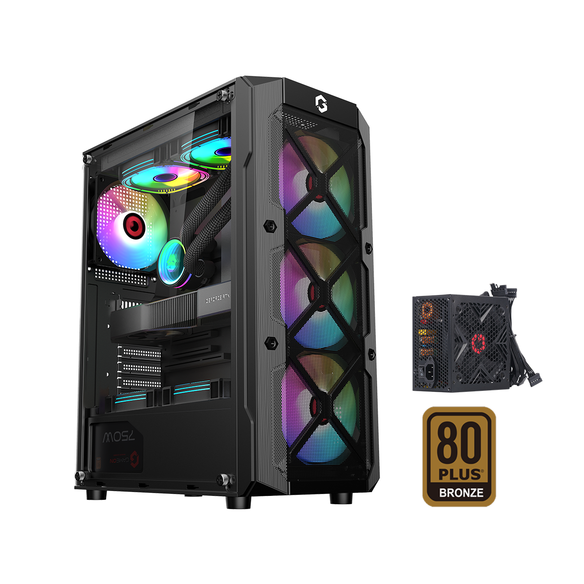 GAMEON TRIDENT III-M POWERFORGE Series Mid Tower Gaming Case with 750W Power Supply Pre-Installed - Black