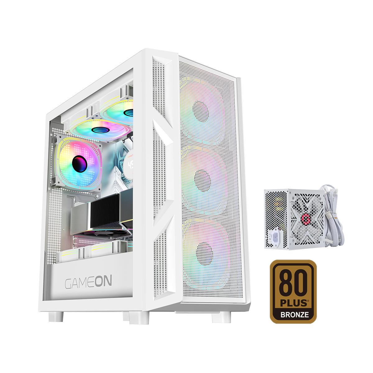 GAMEON Trident IV-A POWERFORGE Series Mid Tower Gaming Case with 750W Power Supply Pre-Installed - White