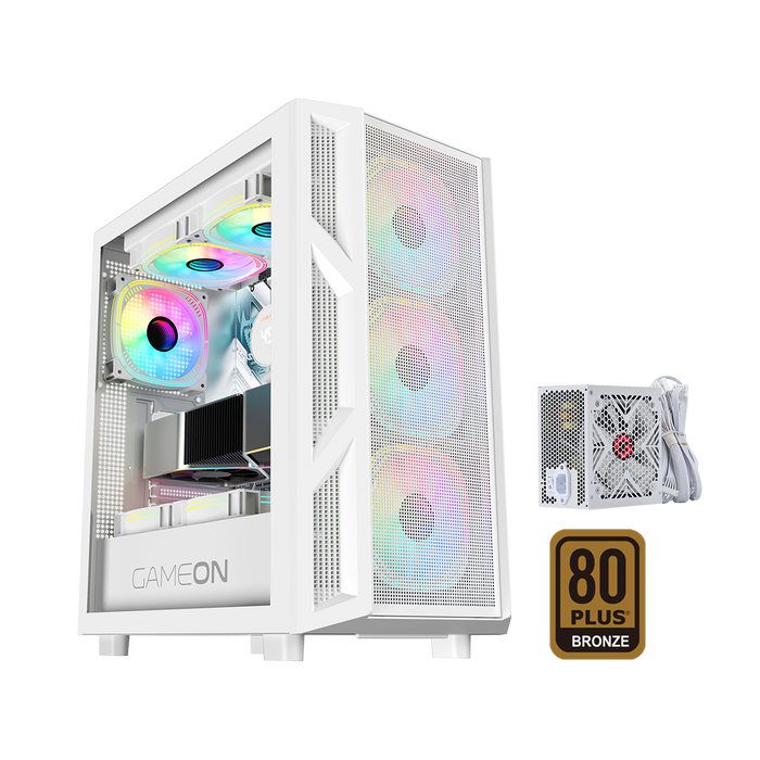 GAMEON Trident IV-A POWERFORGE Series Mid Tower Gaming Case with 750W Power Supply Pre-Installed - White