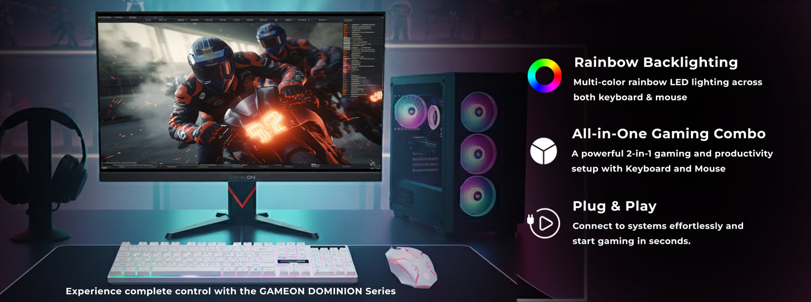 Gaming setup featuring GAMEON DOMINION Series GO21KM-W RGB Wired Keyboard & Mouse Combo on desk with RGB-lit monitor, gaming PC, and headset. Text highlights rainbow backlighting, all-in-one gaming combo, and plug & play connectivity.