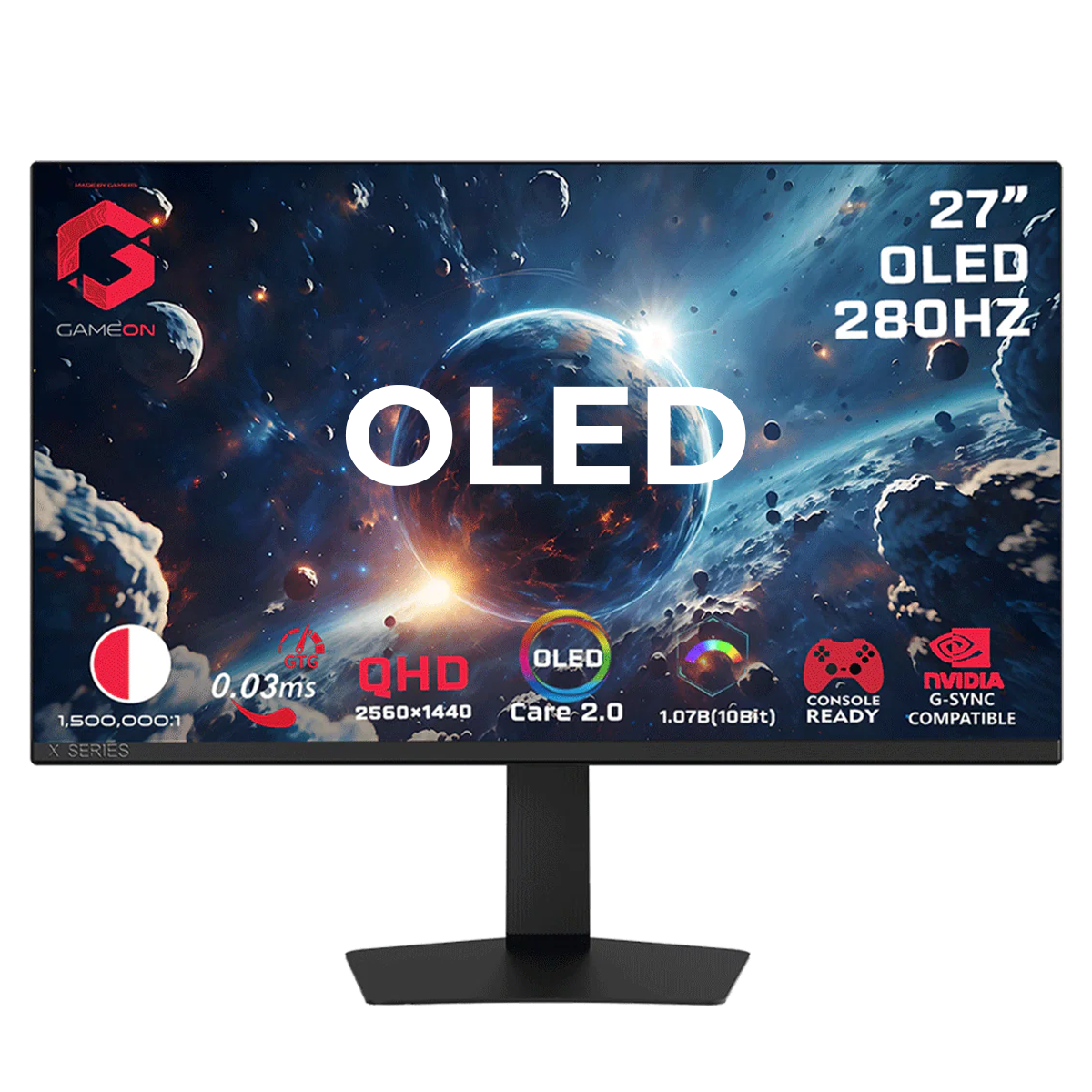 جيم أون, شاشة الألعاب فئة سجنيتشر اكس بحجم 27 بوصة أوليد, 280 هرتز, زمن الاستجابة 0.03, اتش دي ام اي 2.1, تدعم سوني 5 - أسود