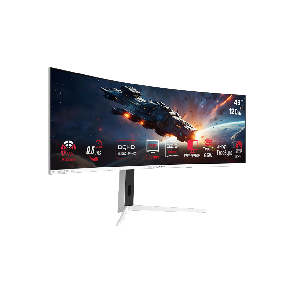 GAMEON GOAC49DQHD120 Spectra Pro X Series 49" DQHD, 120Hz, MPRT 0.5ms, HDMI 2.1, Fast VA Panel Curved Gaming Monitor 1500R 32:9 (Supports PS5) - White