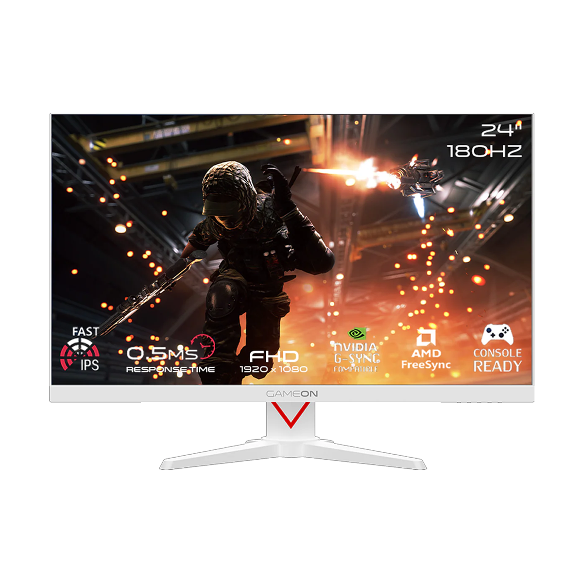 جيم أون, شاشة الألعاب فئة ماركسمان بحجم 24 بوصة, 180 هرتز, زمن الاستجابه 0.5, اتش دي ام اي 2.1 تدعم سوني 5 - أبيض