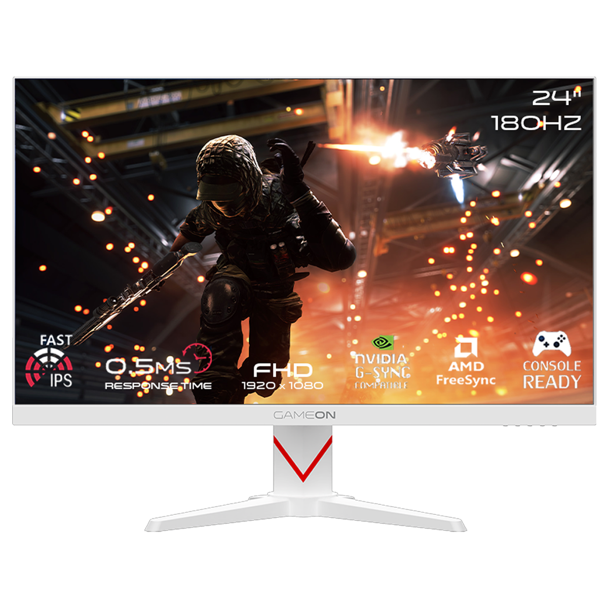 جيم أون, شاشة الألعاب فئة ماركسمان بحجم 24 بوصة, 180 هرتز, زمن الاستجابه 0.5, اتش دي ام اي 2.1 تدعم سوني 5 - أبيض