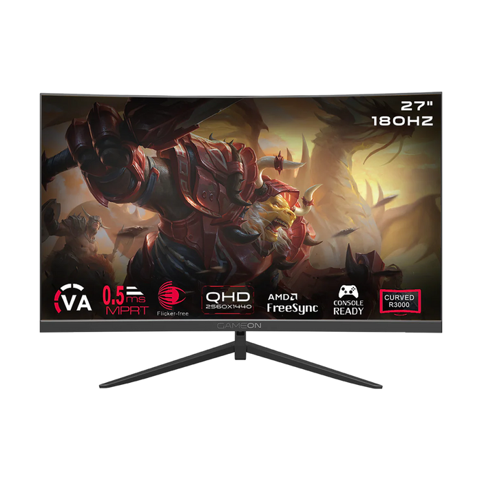 GAMEON GOC27Q180VA Pro Series 27" QHD, 180Hz, MPRT 0.5ms, HDMI 2.1, VA Panel Curved Gaming Monitor 3000R 16:9 (Supports PS5) - Black