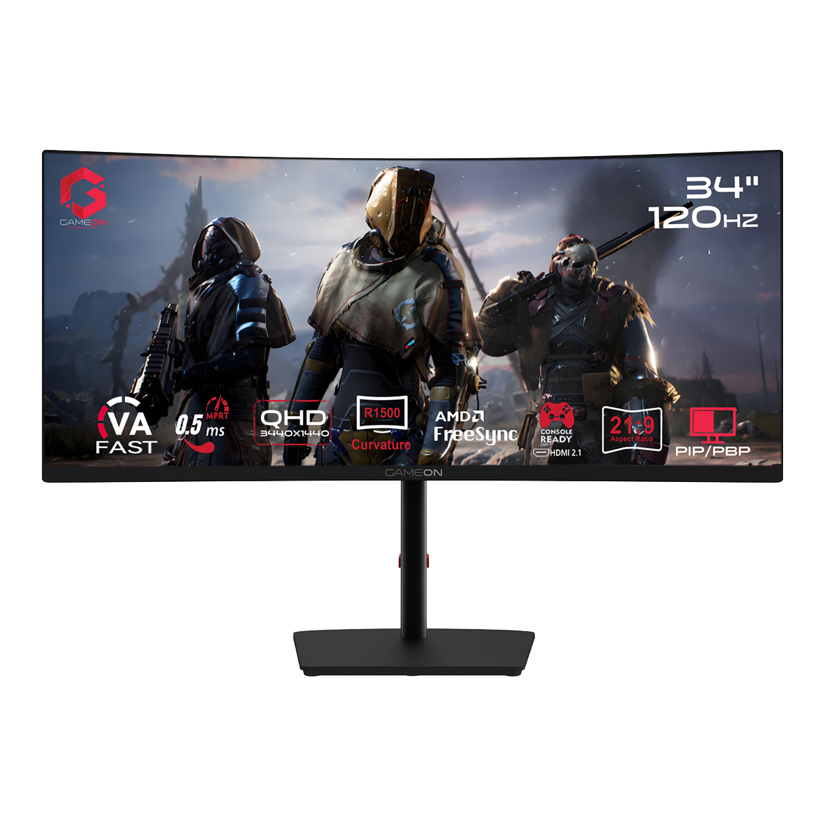 GAMEON GOC34WQHD120VA Spectra Pro Series 34" WQHD, 120Hz, MPRT 0.5ms, HDMI 2.1, Fast VA Panel Curved Gaming Monitor 1500R 21:9 (Supports PS5) - Black