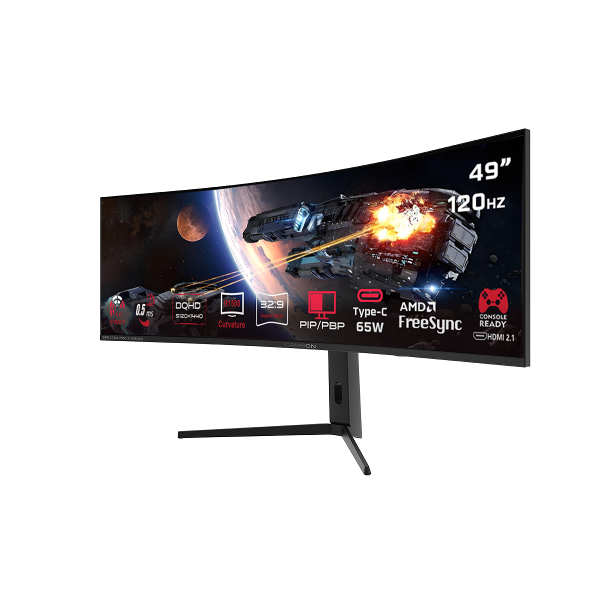 GAMEON GOC49DQHD120 Spectra Pro X Series 49" DQHD, 120Hz, MPRT 0.5ms, HDMI 2.1, Fast VA Panel Curved Gaming Monitor 1500R 32:9 (Supports PS5) - Black