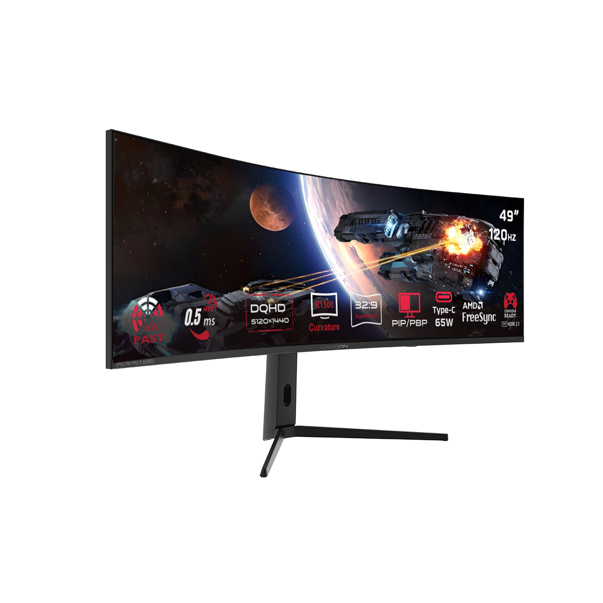 GAMEON GOC49DQHD120 Spectra Pro X Series 49" DQHD, 120Hz, MPRT 0.5ms, HDMI 2.1, Fast VA Panel Curved Gaming Monitor 1500R 32:9 (Supports PS5) - Black