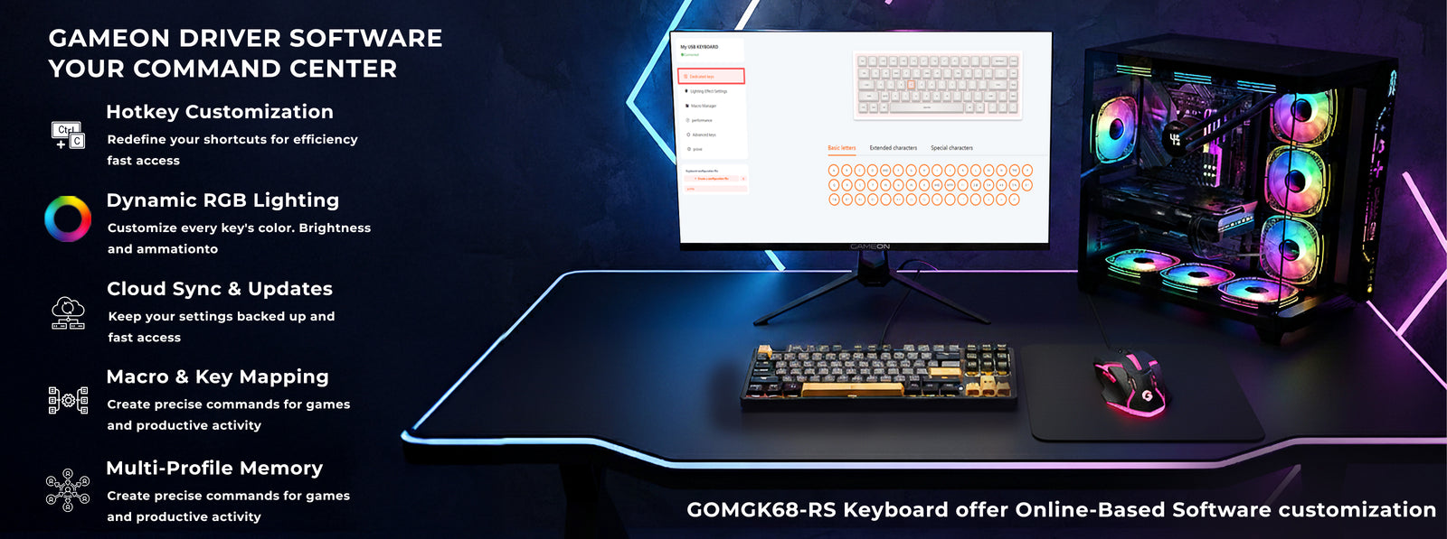 GAMEON VOLT GOMGK68-RS keyboard driver software interface on a gaming setup showcasing customizable RGB lighting, macro creation, key mapping, cloud sync, and multi-profile memory features.