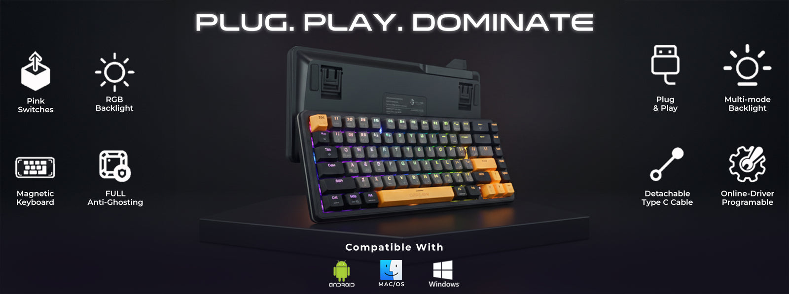 GAMEON VOLT GOMGK68-RS magnetic gaming keyboard with pink Hall-Effect switches, RGB backlight, detachable Type-C cable, full anti-ghosting, and cross-platform compatibility with Windows, Mac, and Android.