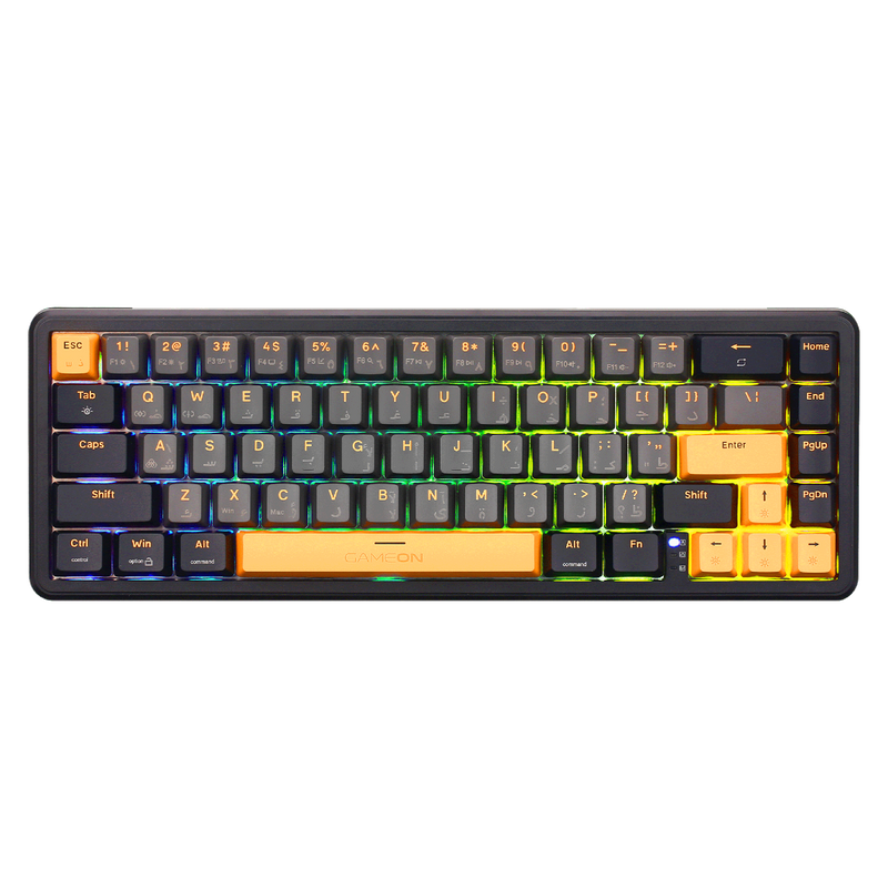Close-up of GAMEON VOLT GOMGK68-RS keyboard keycaps with yellow accents and pink magnetic switches illuminated by RGB lighting.
