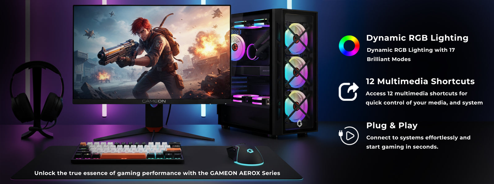 GAMEON AEROX GOMK160-RS keyboard on a gaming setup showcasing customizable RGB lighting.