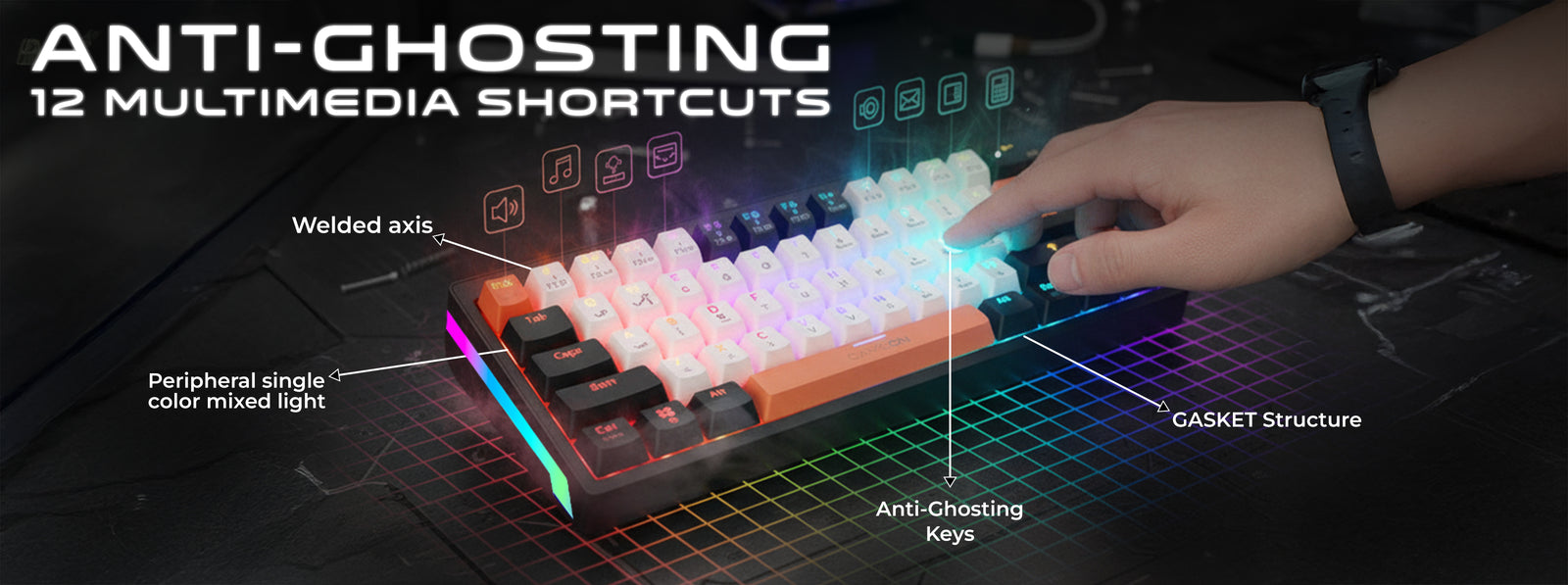 GAMEON AEROX GOMK160-RS keyboard featuring anti-ghosting, red linear mechanical switches, gasket structure, and 12 multimedia shortcuts for precise and responsive control.
