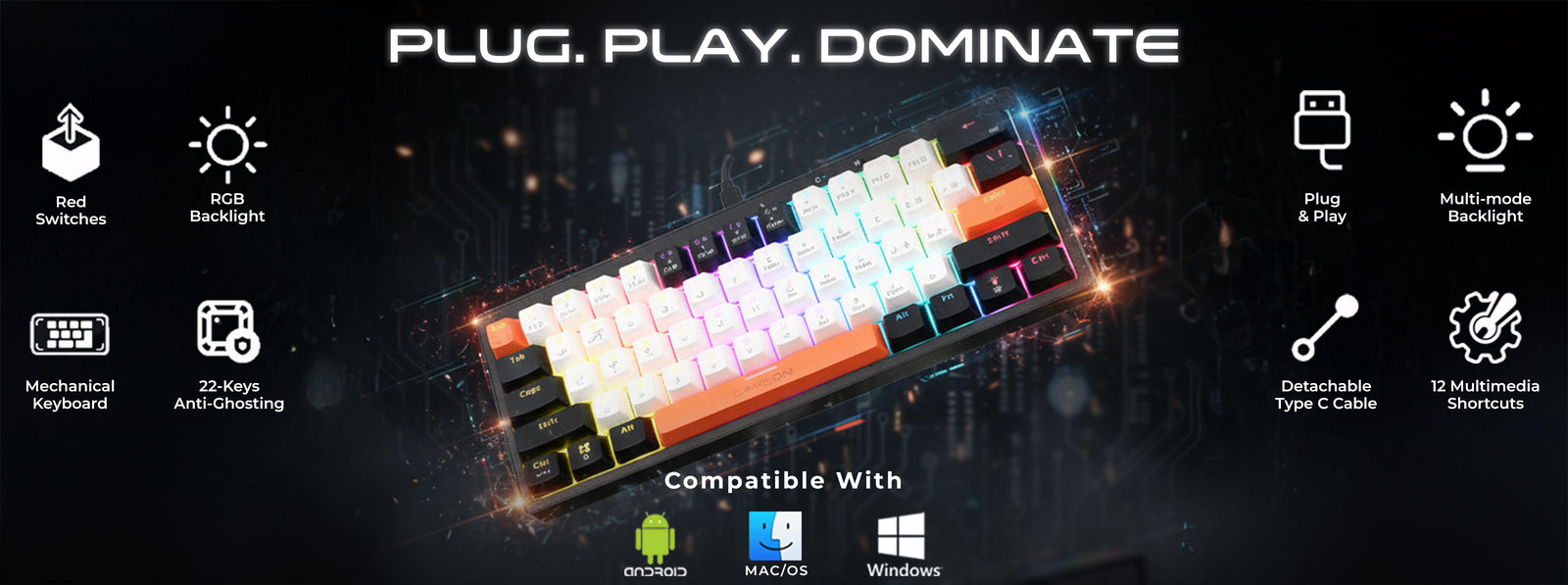 GAMEON AEROX GOMK160-RS mechanical gaming keyboard with red switches, RGB backlight, detachable Type-C cable, anti-ghosting, and multi-platform compatibility with Windows, Mac, and Android.