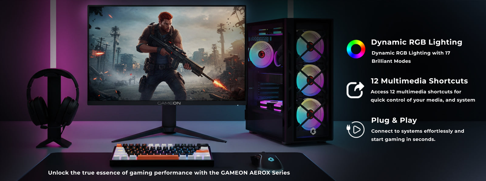 GAMEON AEROX GOMK60-RS keyboard on a gaming setup showcasing customizable RGB lighting.
