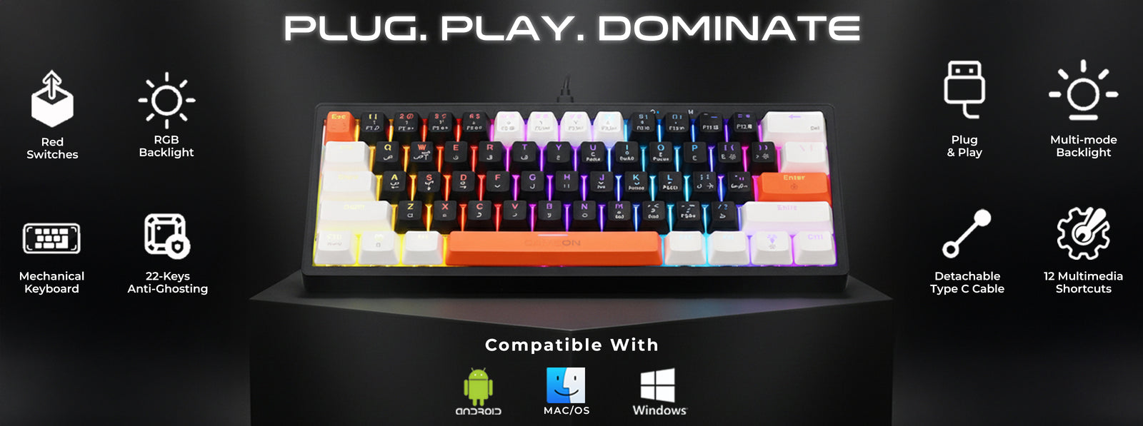 GAMEON AEROX GOMK60-RS mechanical gaming keyboard with red switches, RGB backlight, detachable Type-C cable, anti-ghosting, and multi-platform compatibility with Windows, Mac, and Android.