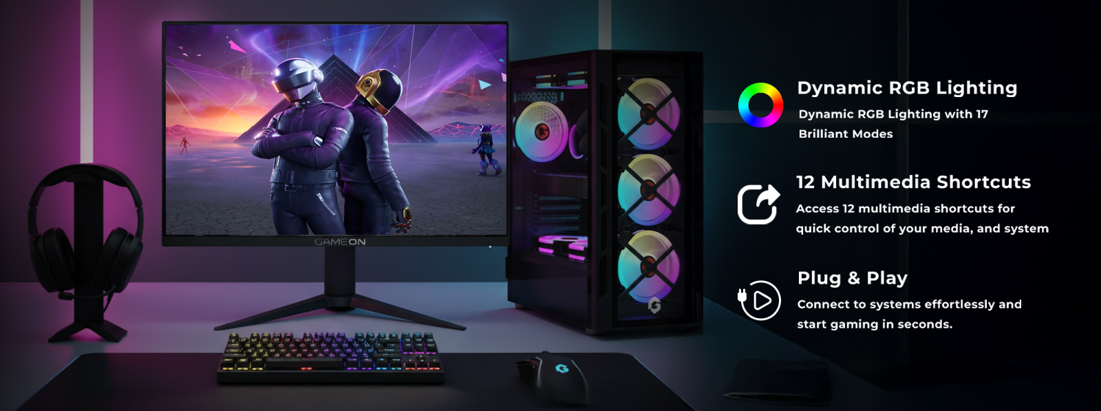 GAMEON KENORA GOMK87-RS keyboard on a gaming setup showcasing customizable RGB lighting.