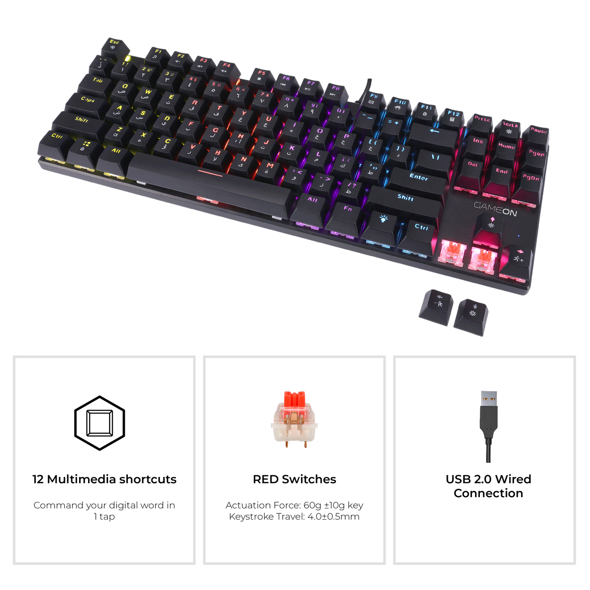 GAMEON KENORA Series GOMK87-RS 80% RGB Mechanical Wired Gaming Keyboard, Red Switch - English/Arabic