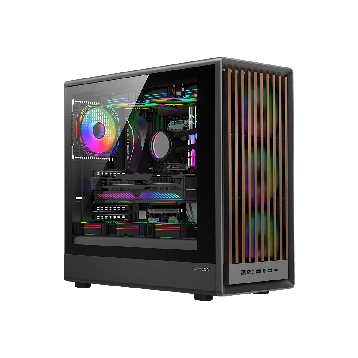 GAMEON TIMBERI Midnight Series ARGB + PWM Mid Tower Gaming Case - Wood/Black