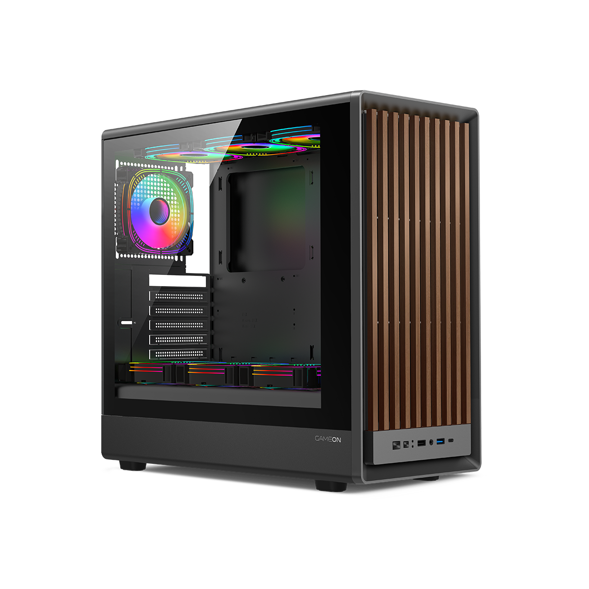 GAMEON TIMBERI Midnight Series ARGB + PWM Mid Tower Gaming Case - Wood/Black