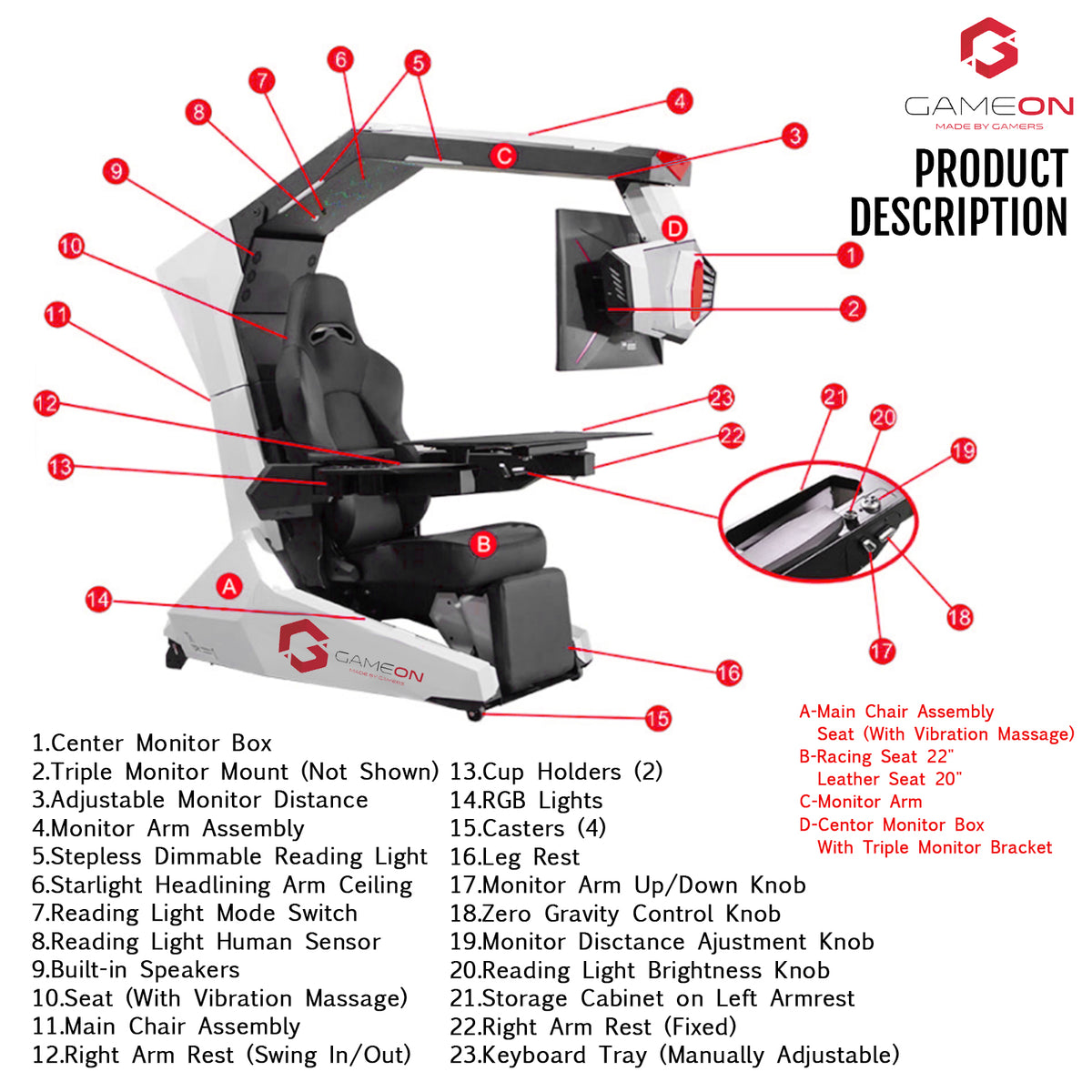 GAMEON IW-R1-PRO Zero Gravity Reclining Computer Workstation Gaming Simulator Chair/Cockpit – White